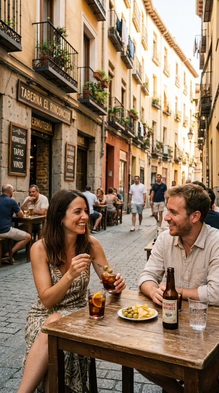 Couple enjoying olives and vermouth at a sidewalk table during golden hour in a European city
