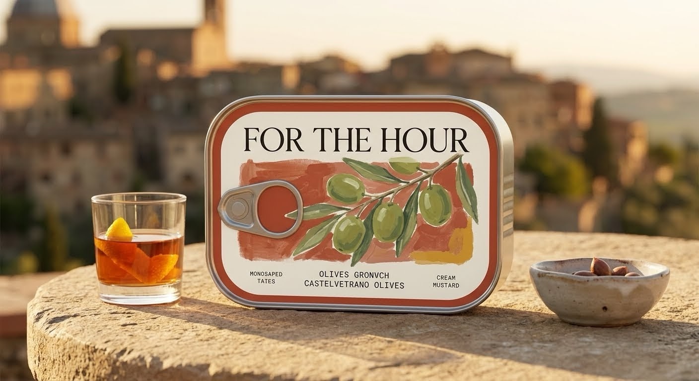 For The Hour tinned olives — a gold sardine-format tin on a stone ledge at golden hour